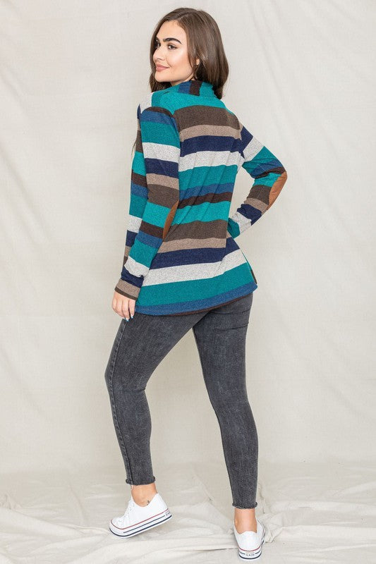 Autumn Horizon Stripe Elbow Patch Cardigan - cardigan - view 6