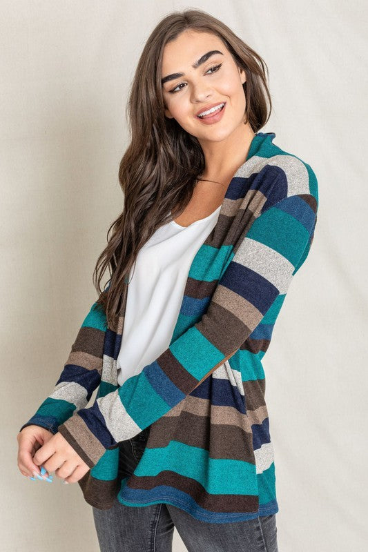Autumn Horizon Stripe Elbow Patch Cardigan in teal - cardigan - color options