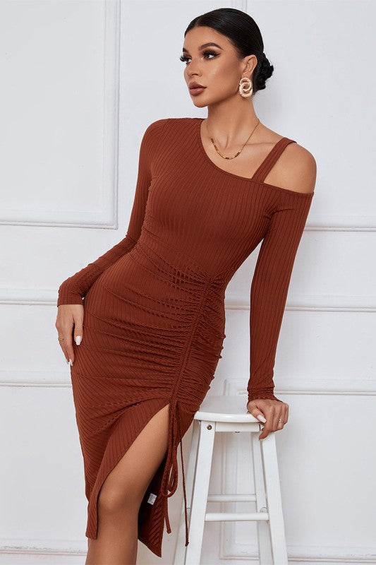Avalon Asymmetric Bodycon Midi Dress in dust orange - relaxed fit, cropped - view 4