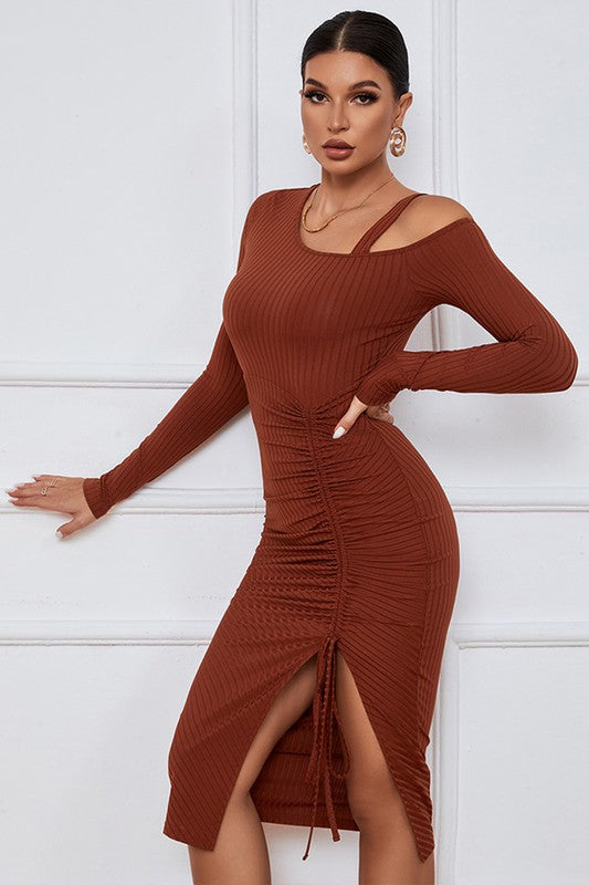 Avalon Asymmetric Bodycon Midi Dress in dust orange - relaxed fit, cropped - view 5