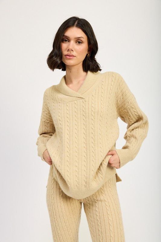 Avalon Cable Knit Collared Sweater Top in TAN - relaxed fit, sweater - front view