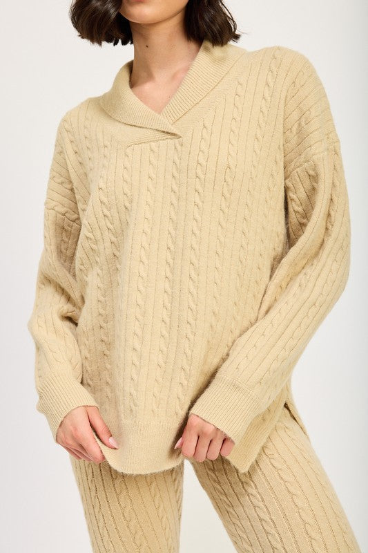 Avalon Cable Knit Collared Sweater Top in TAN - relaxed fit, sweater - alternate view