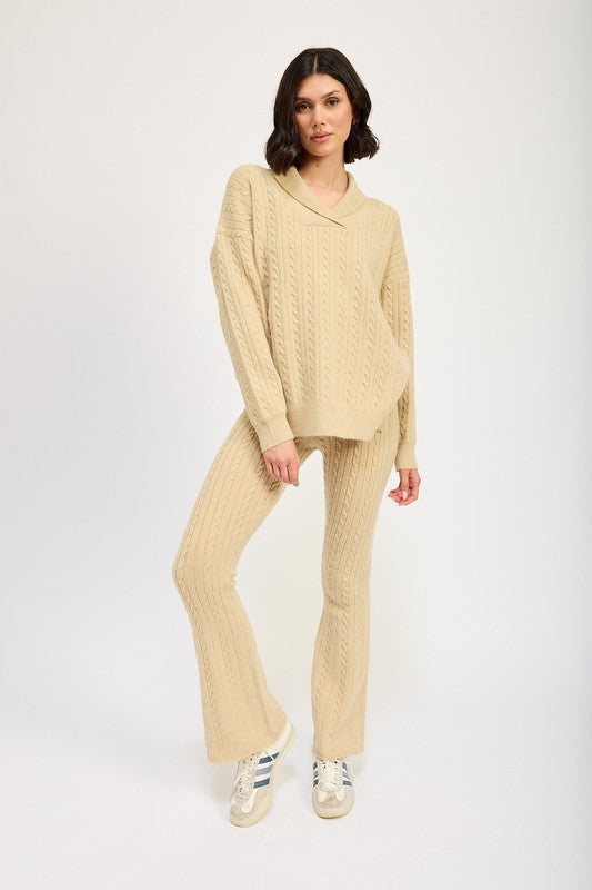 Avalon Cable Knit Collared Sweater Top in TAN - relaxed fit, sweater - detail view