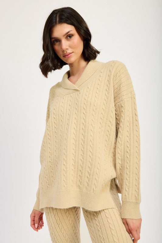 Avalon Cable Knit Collared Sweater Top in TAN - relaxed fit, sweater - view 4