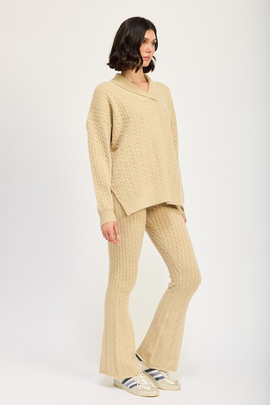 Avalon Cable Knit Collared Sweater Top in TAN - relaxed fit, sweater - view 6