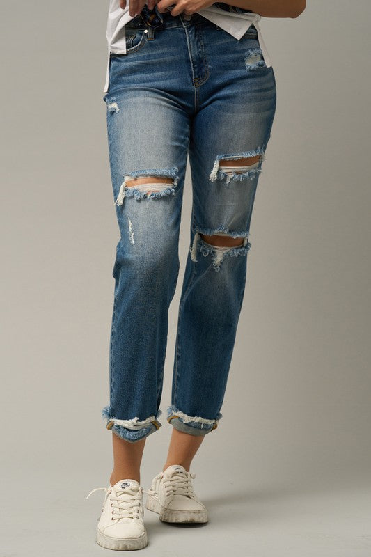 Avalon High Waist Distressed Boyfriend Jeans in MEDIUM - cropped, high waist - alternate view