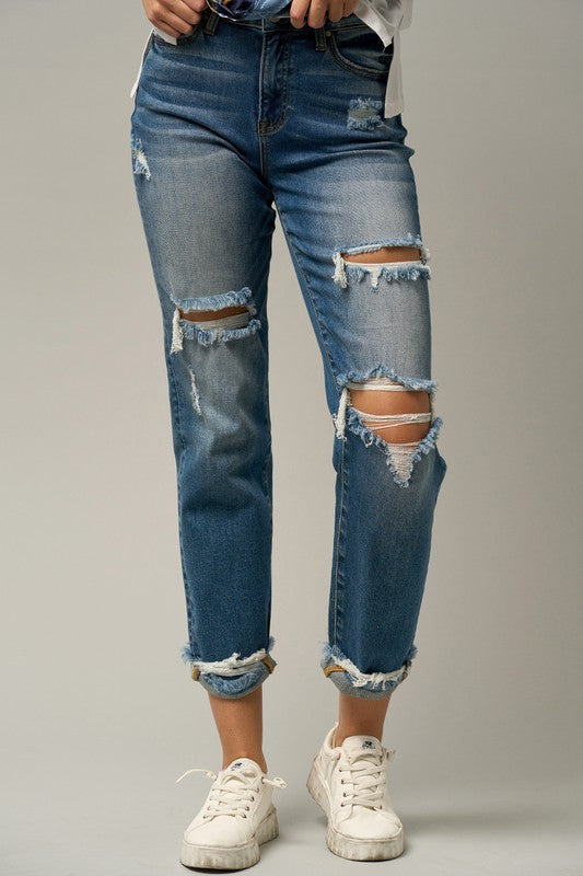 Avalon High Waist Distressed Boyfriend Jeans in MEDIUM - cropped, high waist - view 26