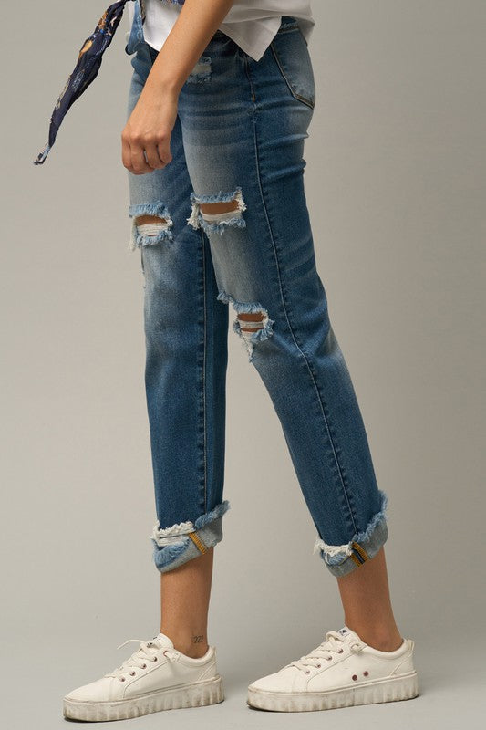 Avalon High Waist Distressed Boyfriend Jeans in MEDIUM - cropped, high waist - view 4
