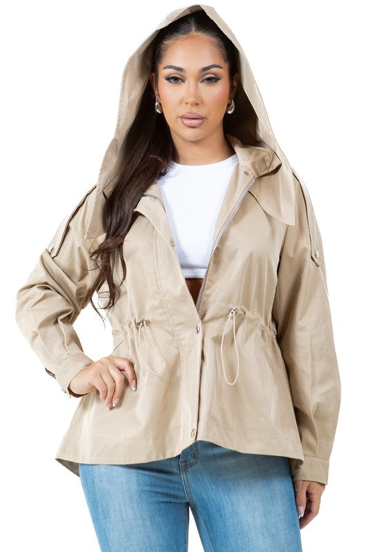 Avalon Hooded Trench Jacket With Cinched Waist in KHAKI - denim, long sleeve - front view