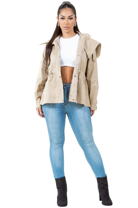 Avalon Hooded Trench Jacket With Cinched Waist in KHAKI - denim, long sleeve - alternate view