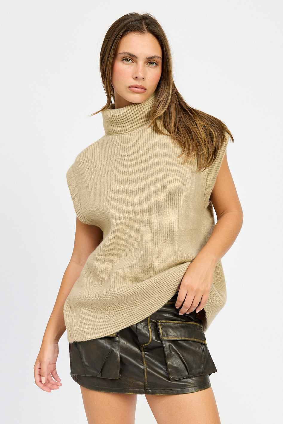 Avalon Split Back Turtleneck Sleeveless Sweater Top in NATURAL - turtleneck, oversized - front view