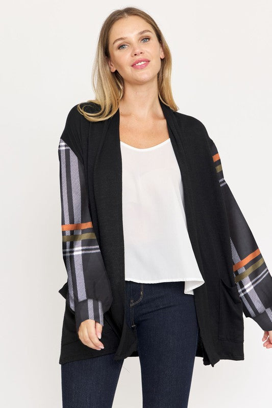 Aviana Patterned Bishop Sleeve Open Cardigan With Pockets in black plaid - cardigan, pockets - alternate view