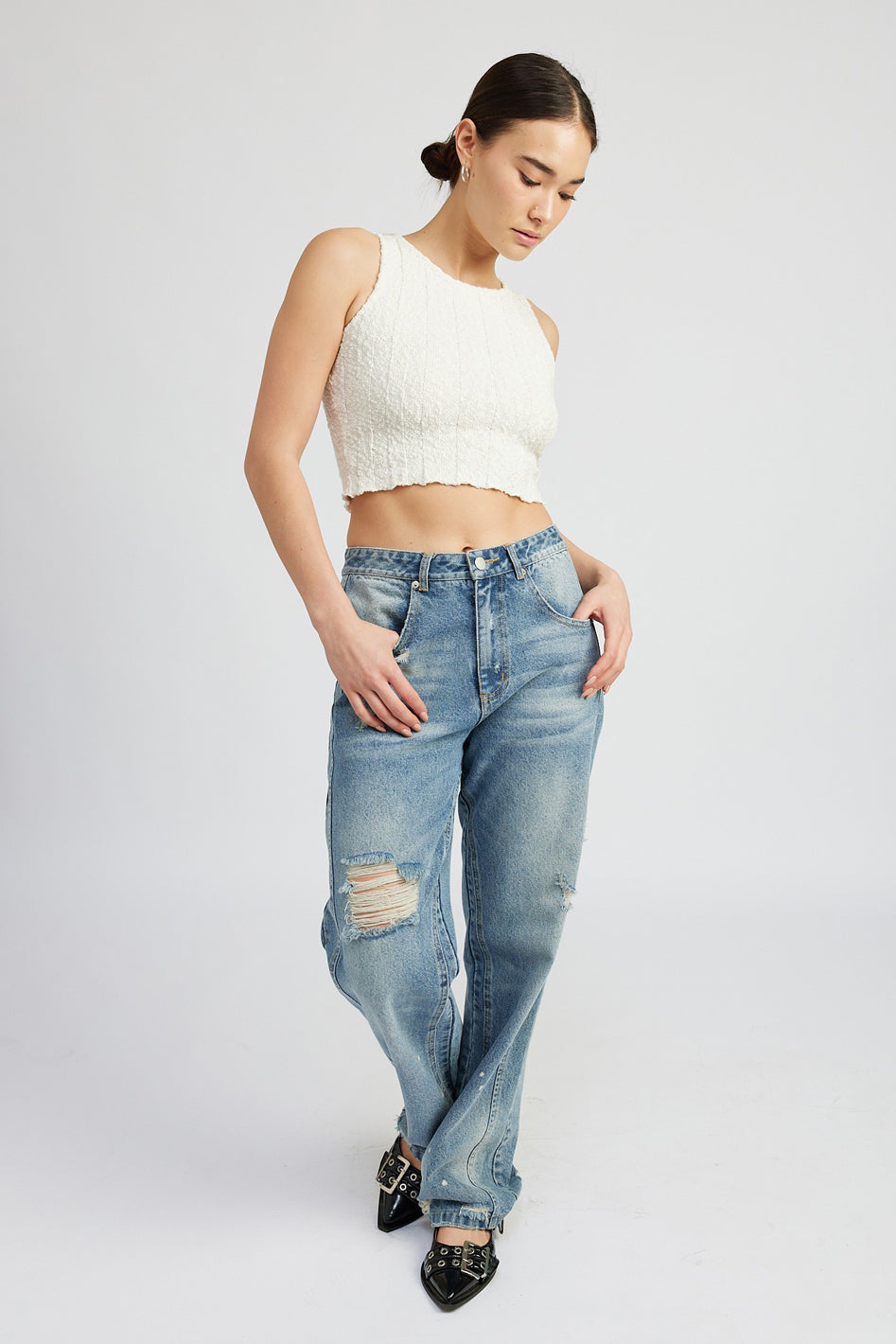 Avila Textured Ribbed Crop Tank Top in OFF WHITE - cropped, wide leg - view 10