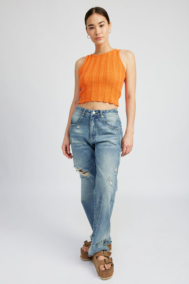 Avila Textured Ribbed Crop Tank Top in OFF WHITE - cropped, wide leg - detail view