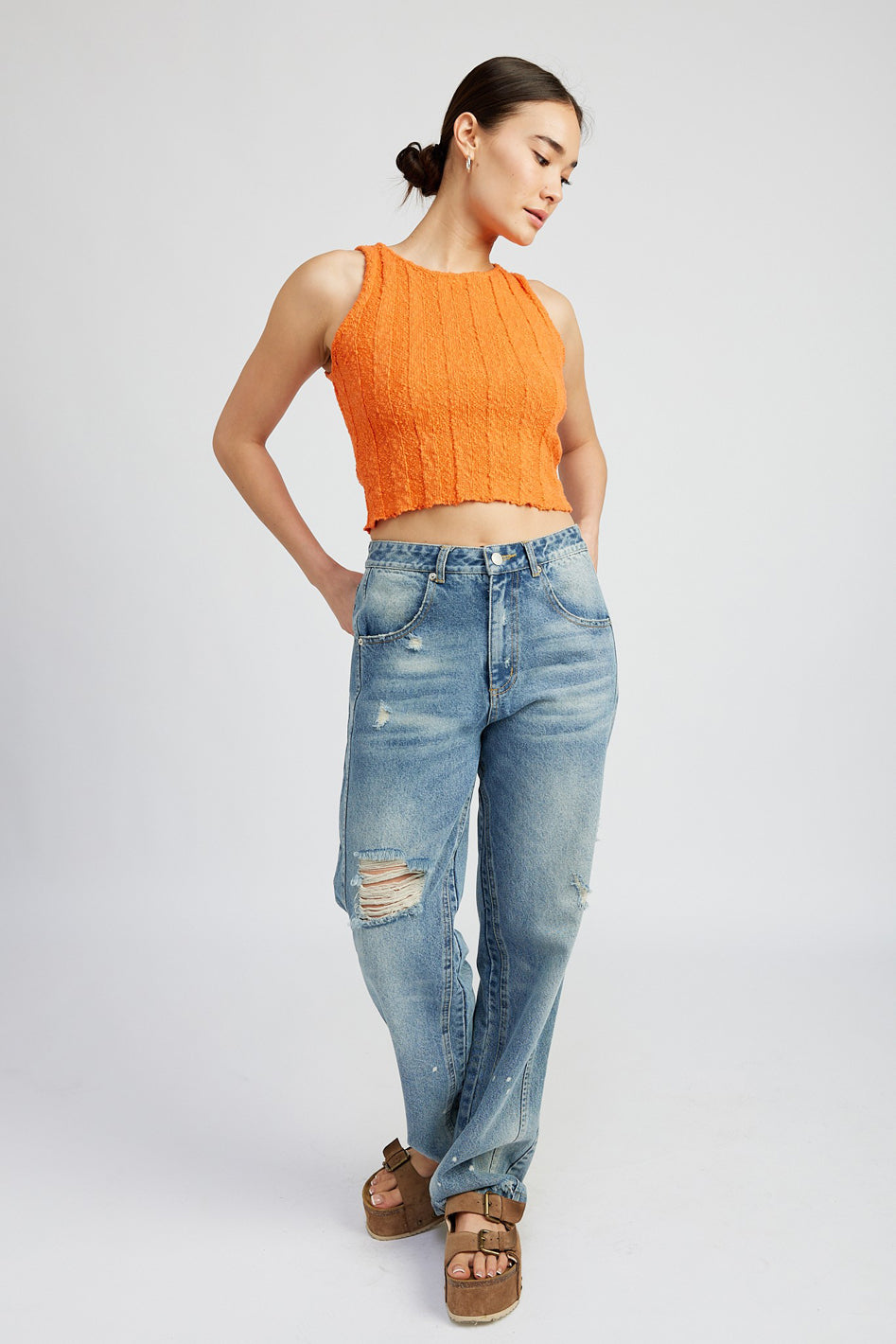 Avila Textured Ribbed Crop Tank Top in OFF WHITE - cropped, wide leg - view 4