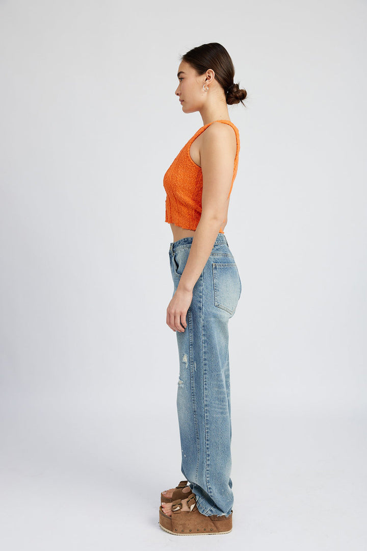 Avila Textured Ribbed Crop Tank Top in OFF WHITE - cropped, wide leg - view 5