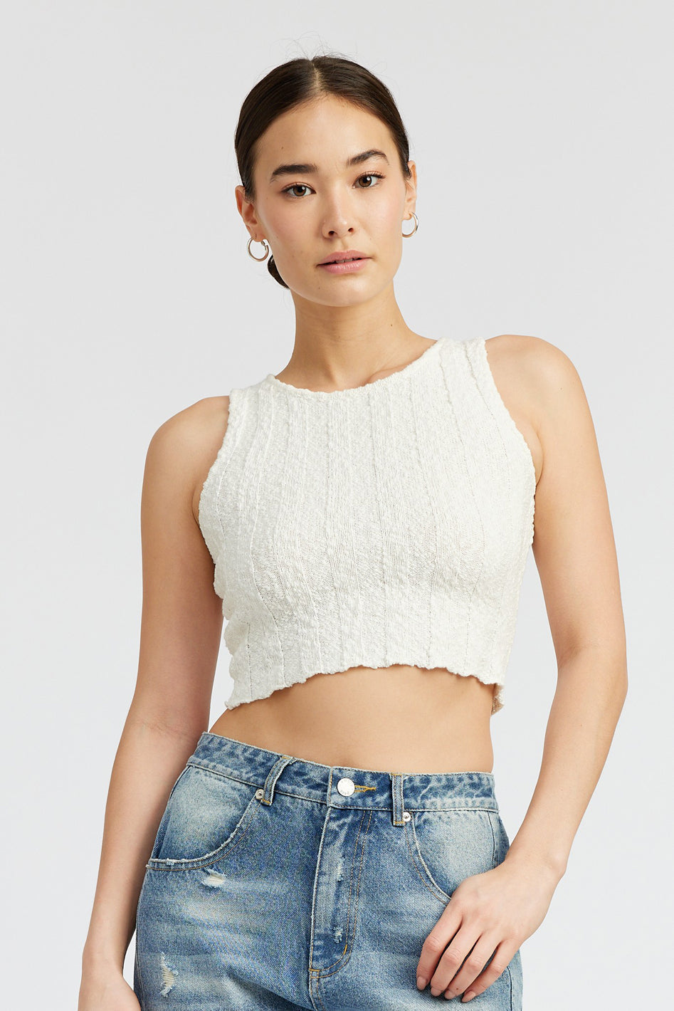 Avila Textured Ribbed Crop Tank Top in OFF WHITE - cropped, wide leg - view 8