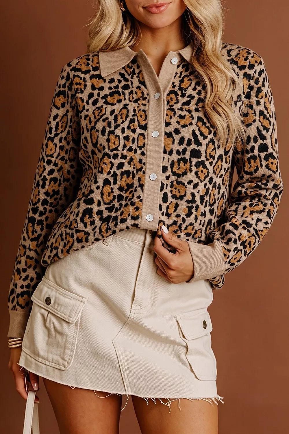 Leopard print collared button-front knit cardigan