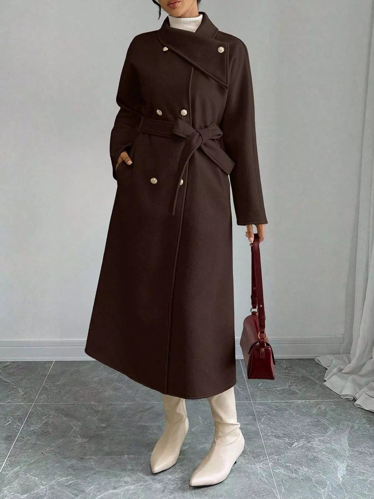 Double-breasted belted longline coat with stand collar