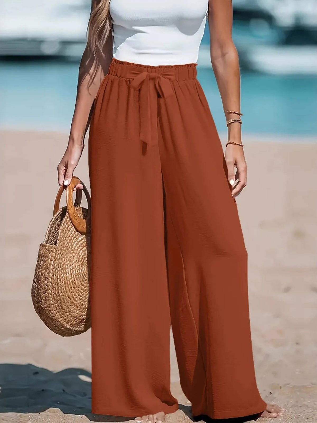 Paper-bag waist wide-leg pants with drawstring tie