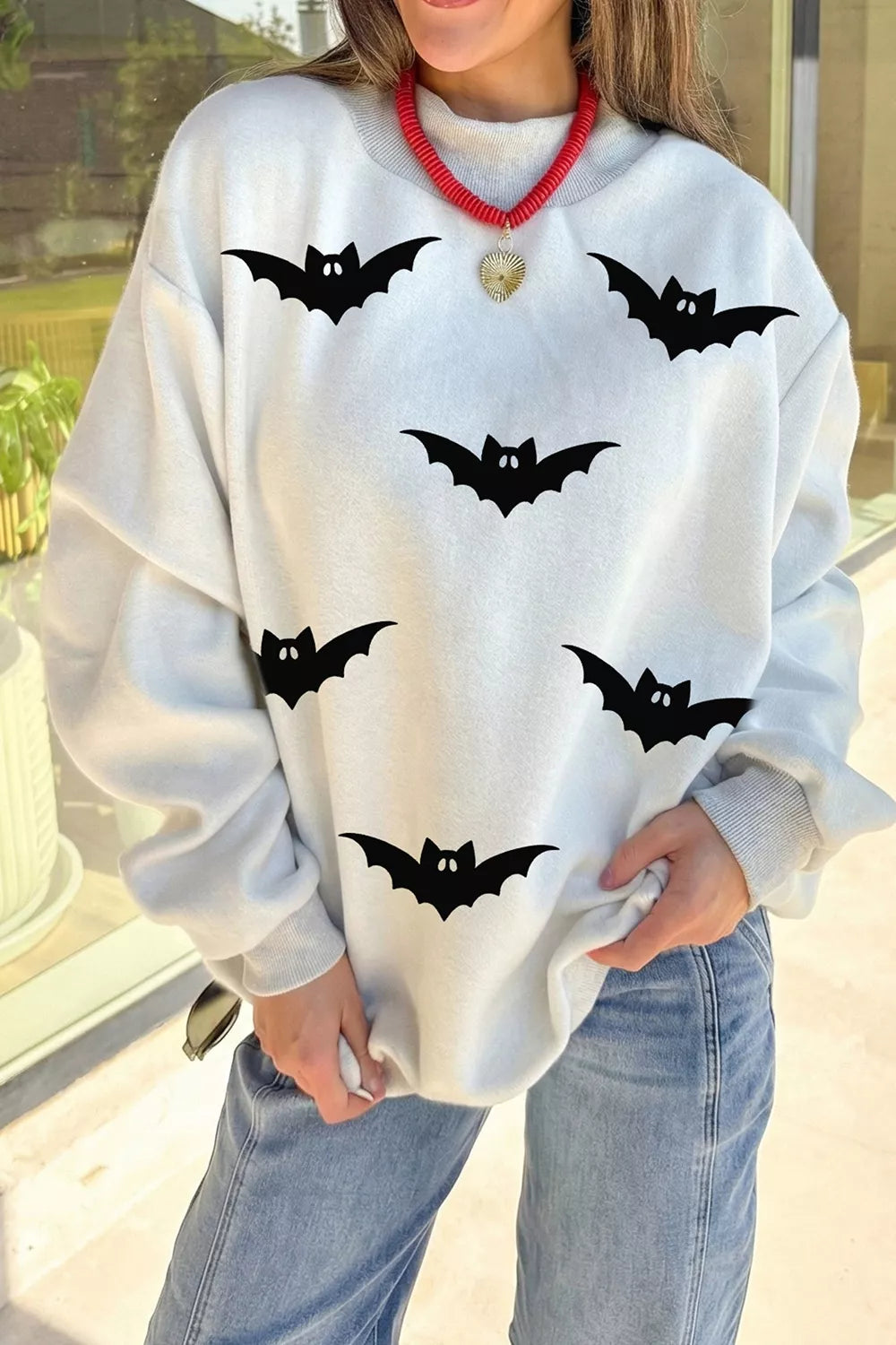 Bat print mock neck oversized Halloween sweatshirt