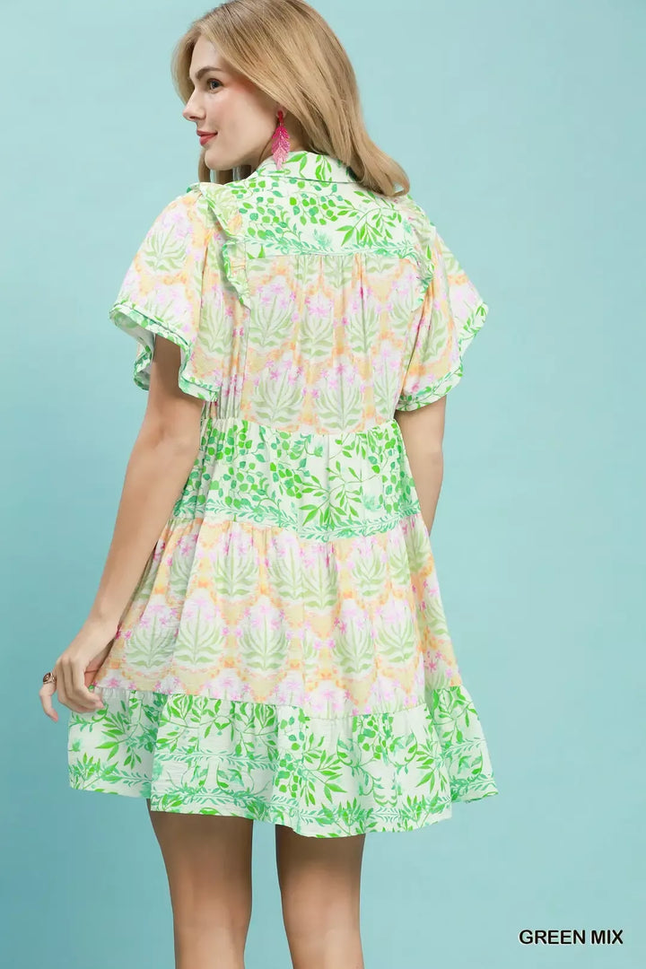 Mixed floral tiered mini shirtdress with flutter sleeves