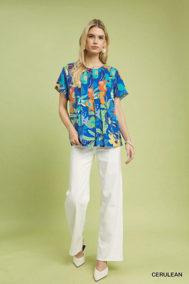 Abstract floral pleated blouse with keyhole back