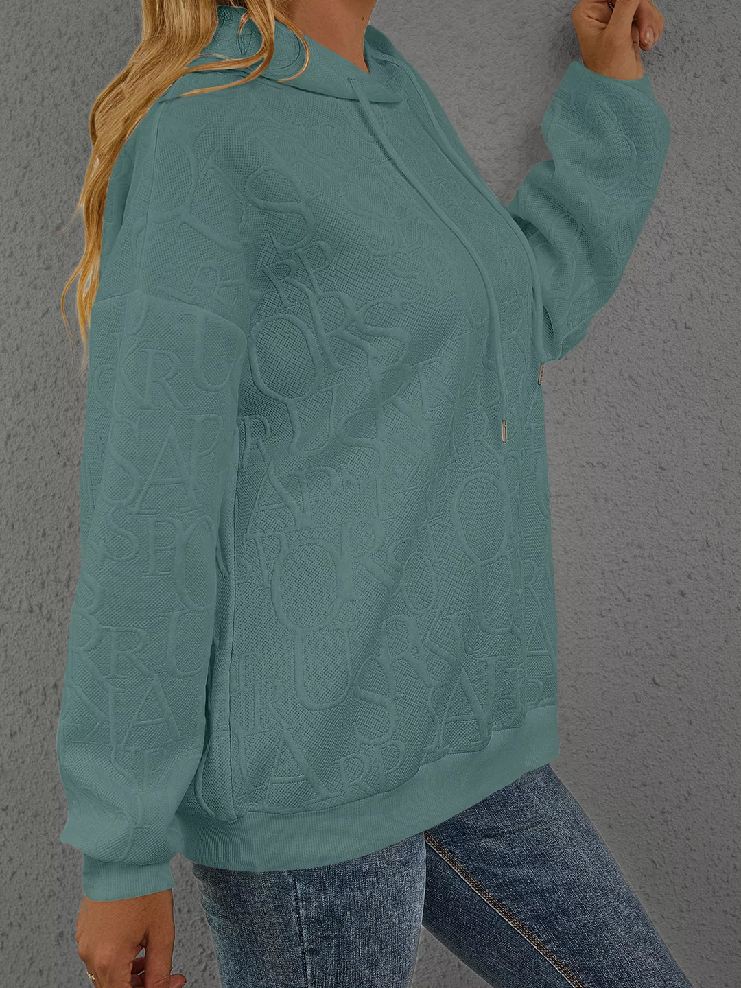 Embossed lettering drawstring pullover hoodie