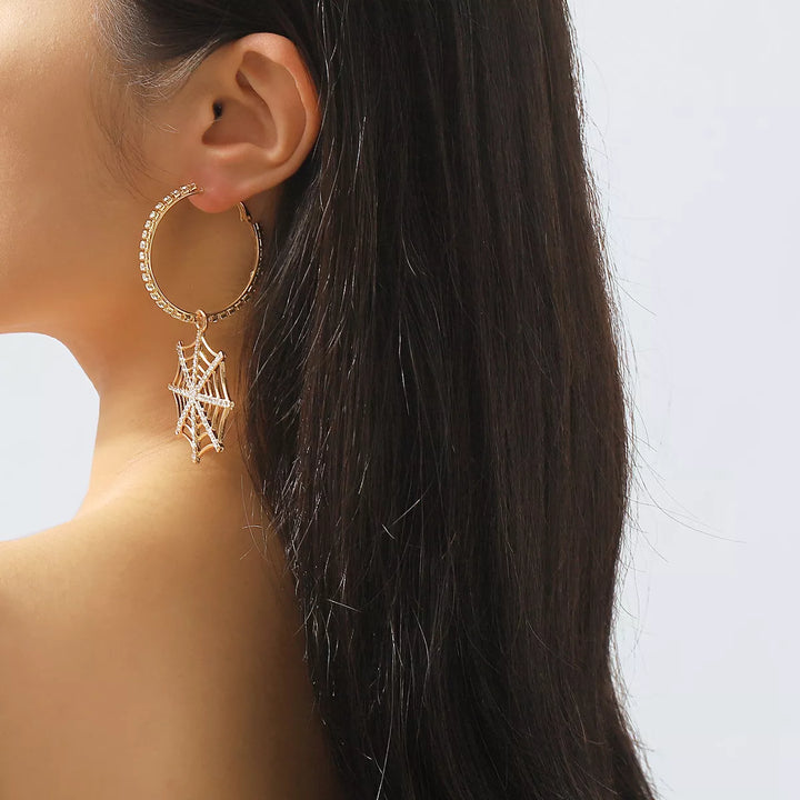 Rhinestone spider web dangle hoop earrings