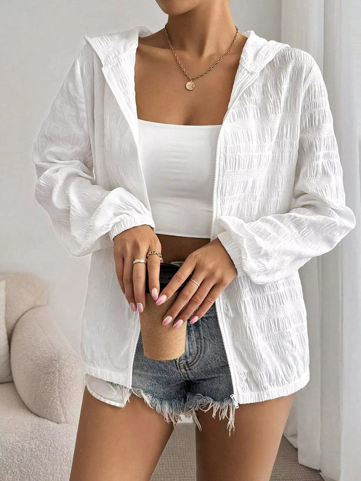 White Lightweight crinkle-textured zip-up hooded jacket