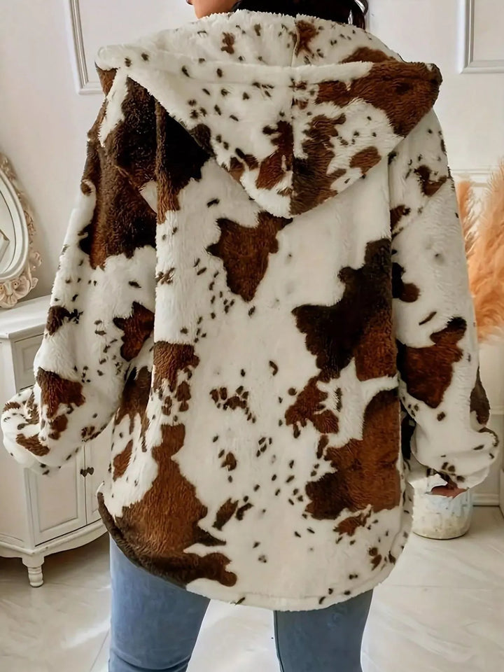 Cow print plush fleece hooded jacket with button front