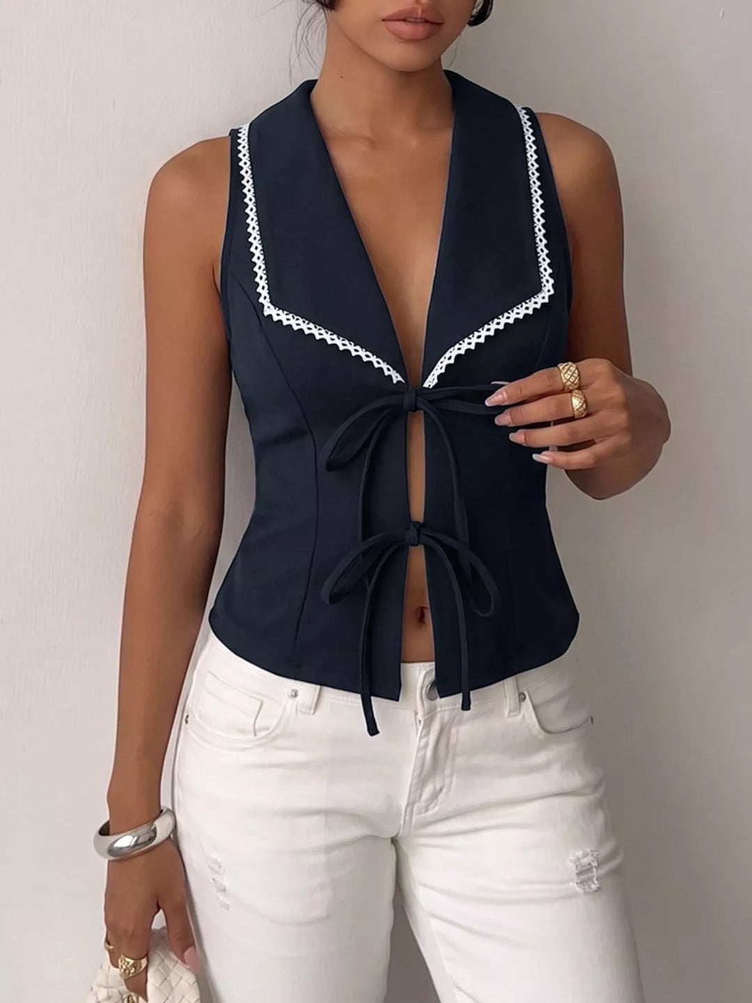 Lace-trim lapel tie-front sleeveless vest top