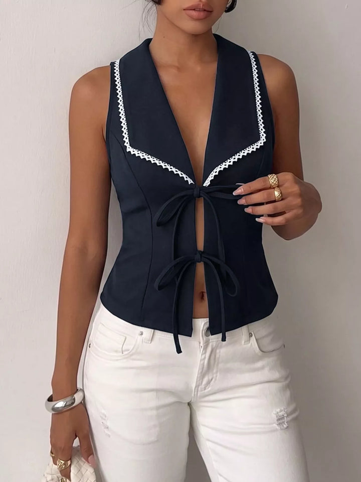 Lace-trim lapel tie-front sleeveless vest top