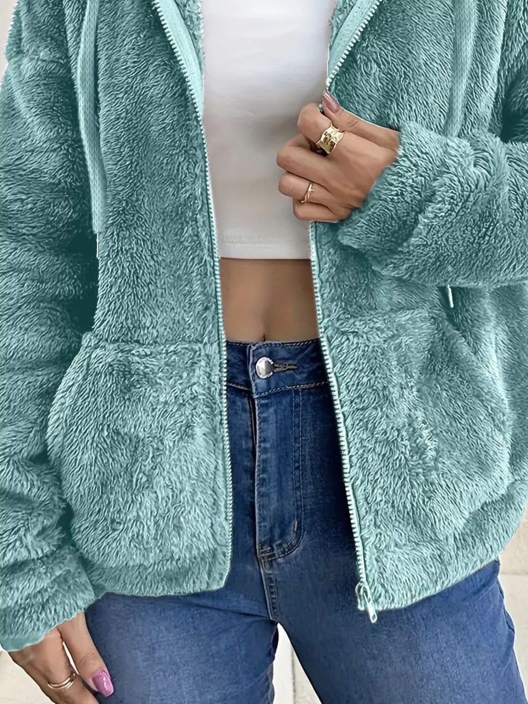 Fuzzy fleece hooded zip-up jacket with front pockets