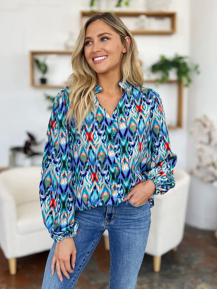 Abstract print balloon-sleeve button-down blouse
