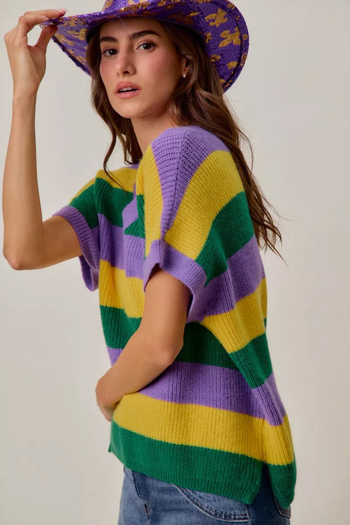 Ribbed striped V-neck short sleeve sweater top