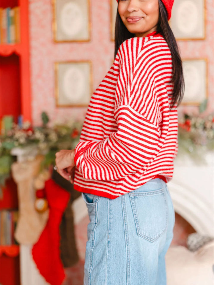 Striped button-down knit cardigan with relaxed sleeves