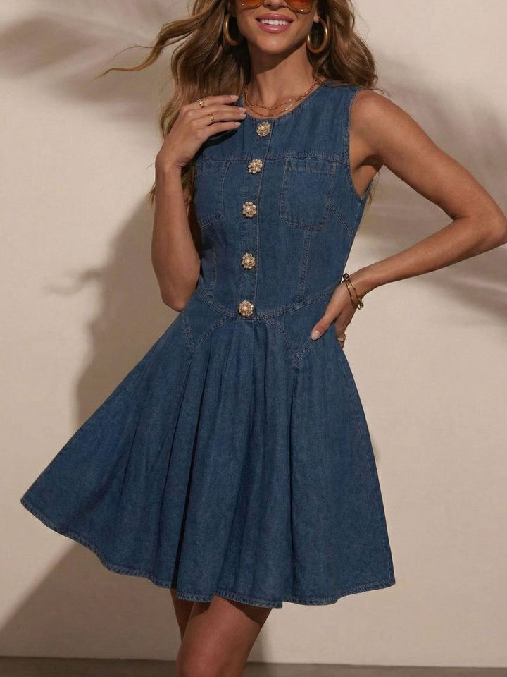 Dark Blue Sleeveless denim mini dress with jeweled buttons
