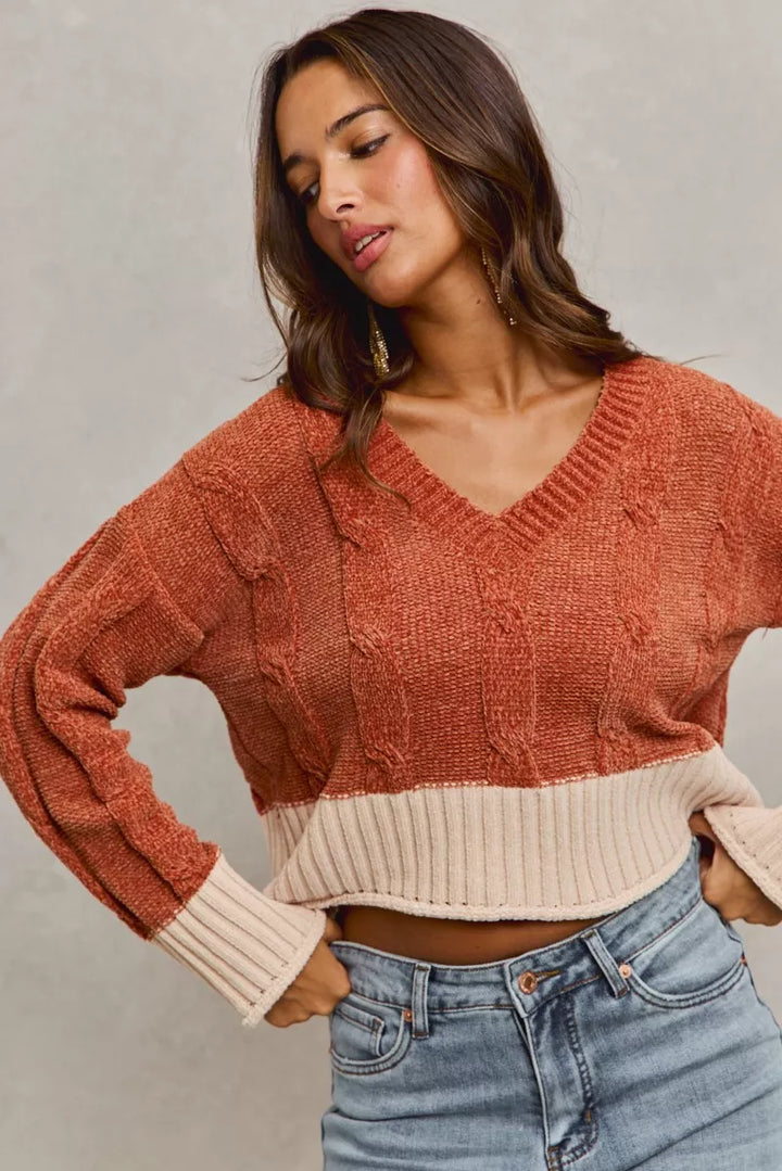 Chenille cable knit v-neck cropped sweater with contrast trim