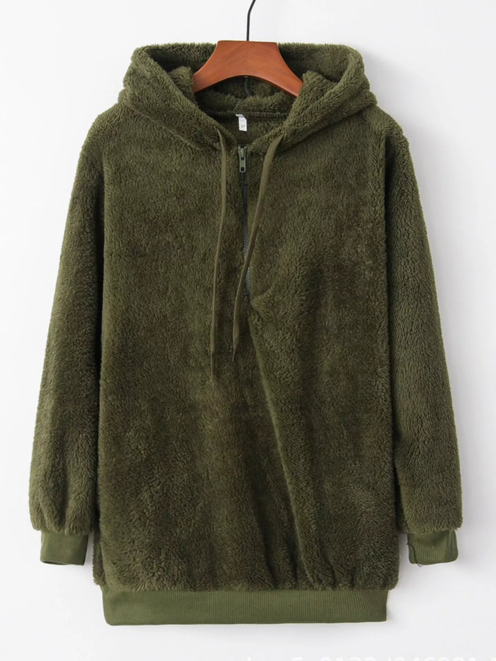 Army Green Plush half-zip fleece hoodie with drawstring hood and pockets