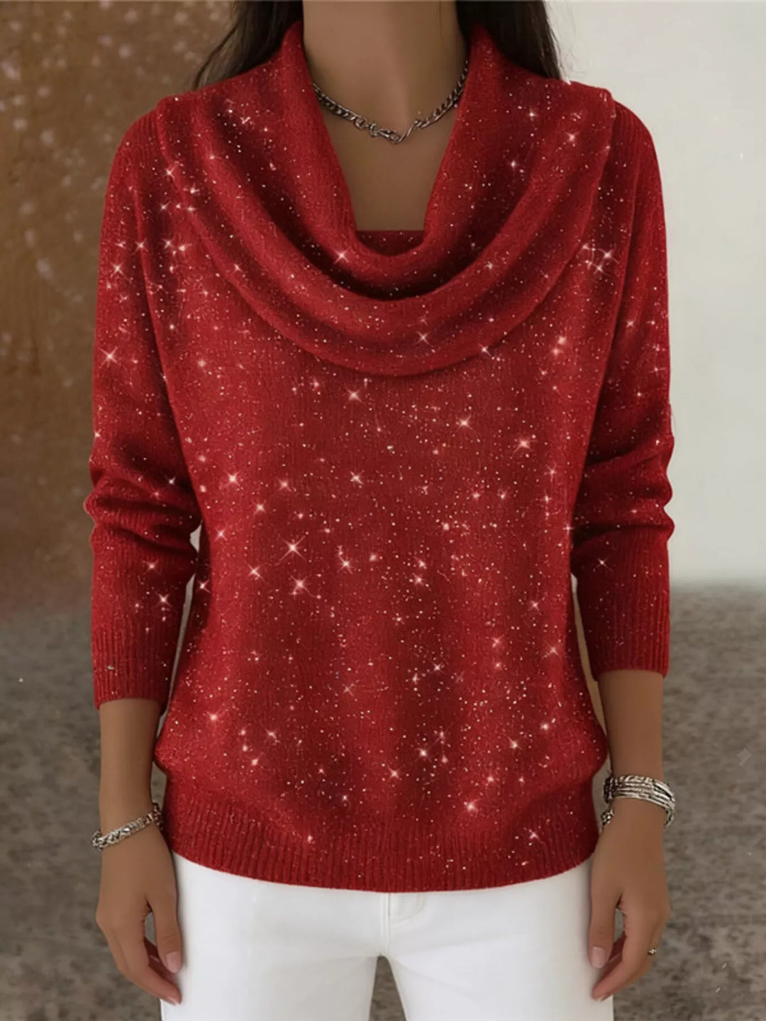 Red Metallic ribbed knit cowl neck sweater with curved hem