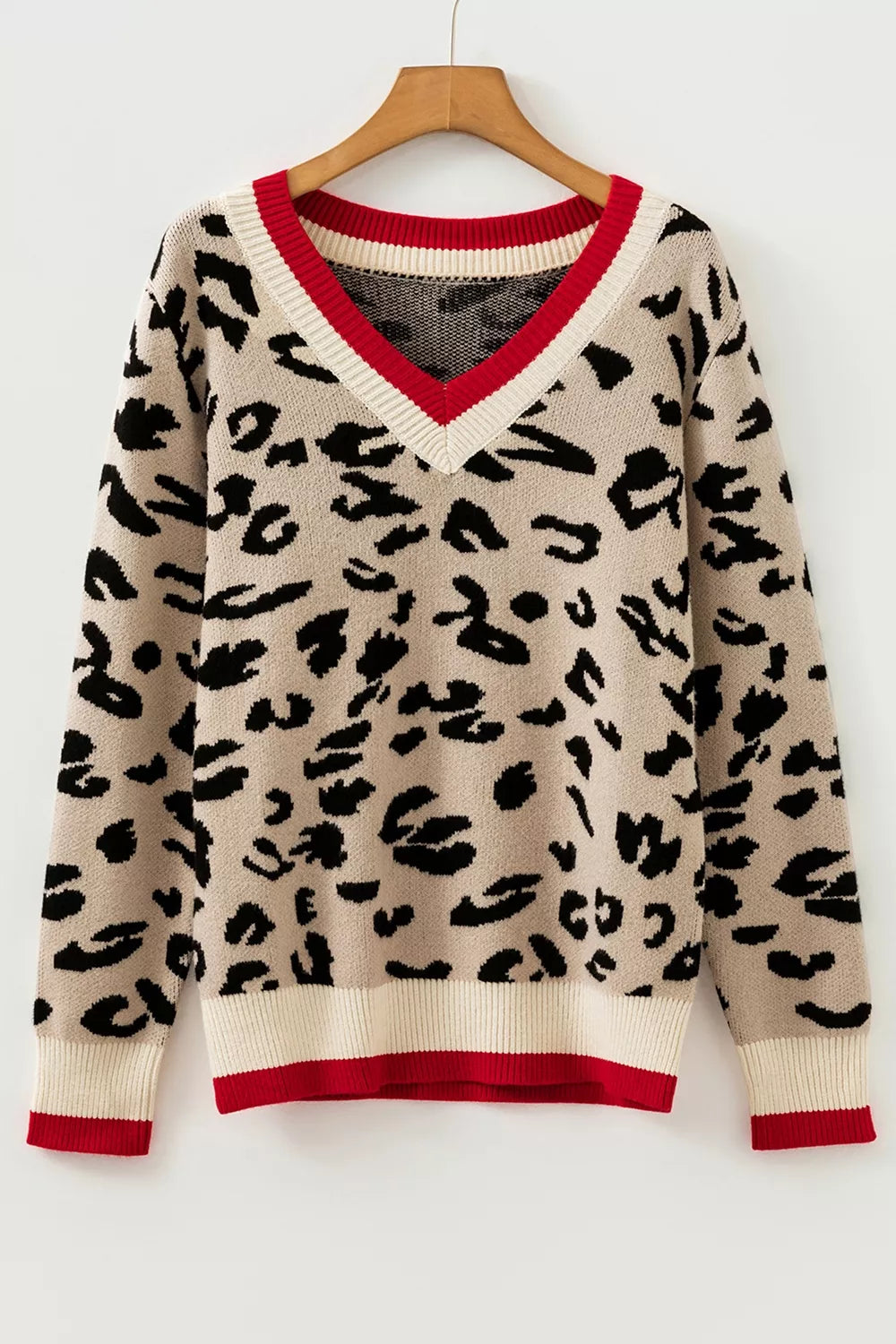 Leopard print v-neck sweater with contrast varsity rib trim