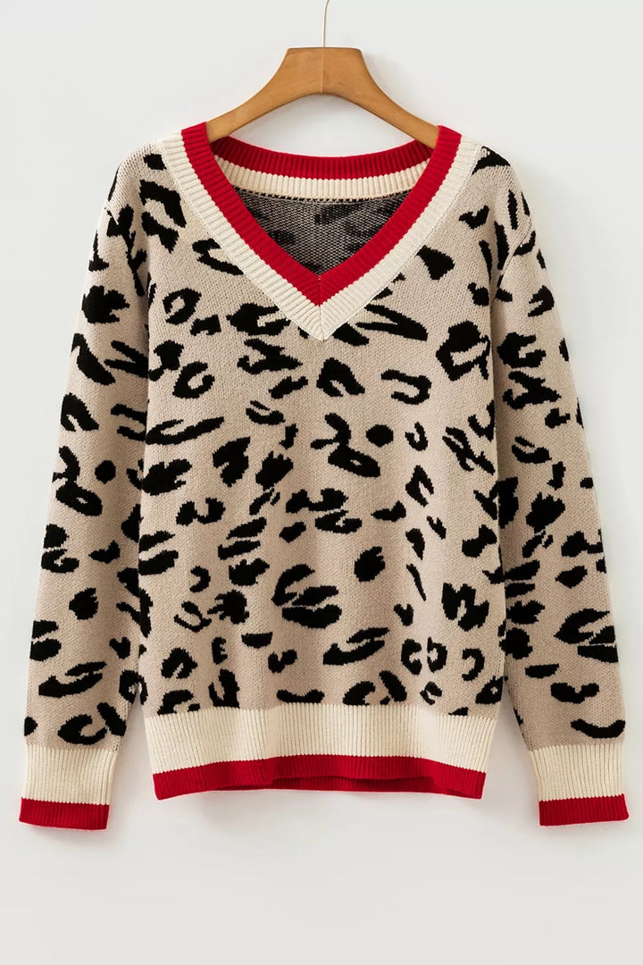 Leopard print v-neck sweater with contrast varsity rib trim