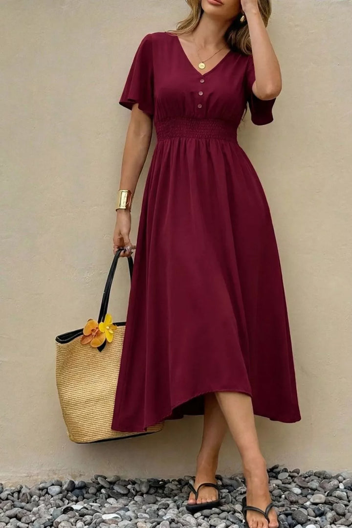 Flutter sleeve V-neck smocked waist high-low midi dress