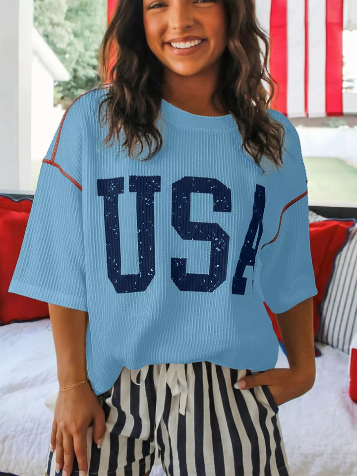 Dusty Blue Oversized ribbed knit USA graphic tee with contrast stitching
