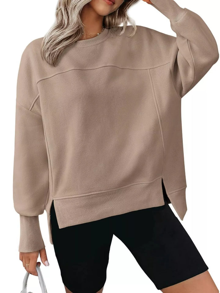 Side slit drop-shoulder relaxed crewneck sweatshirt