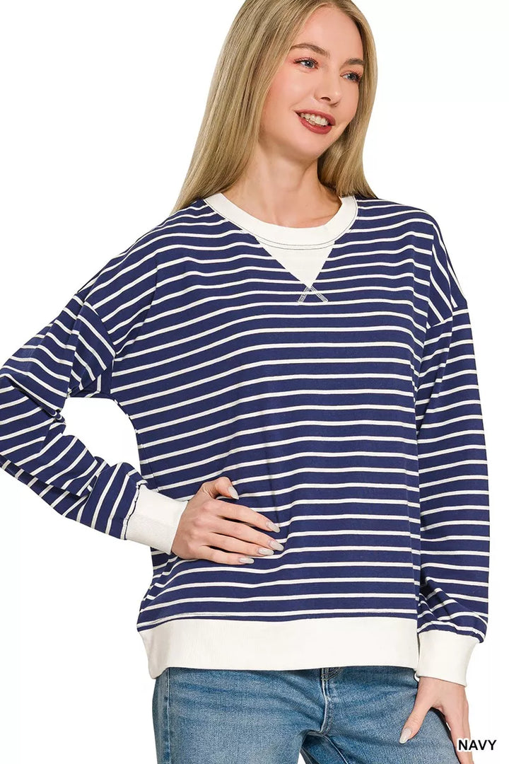NAVY Striped crew neck sweatshirt with contrast ribbed trim