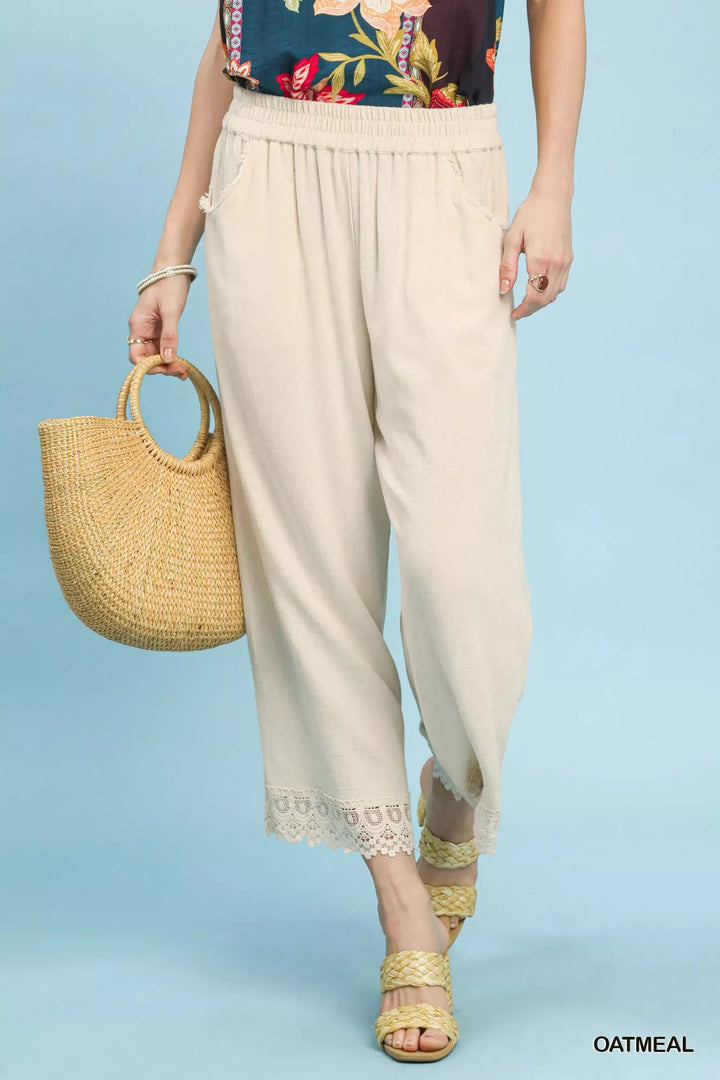 OATMEAL Linen-cotton wide leg cropped pants with crochet lace trim