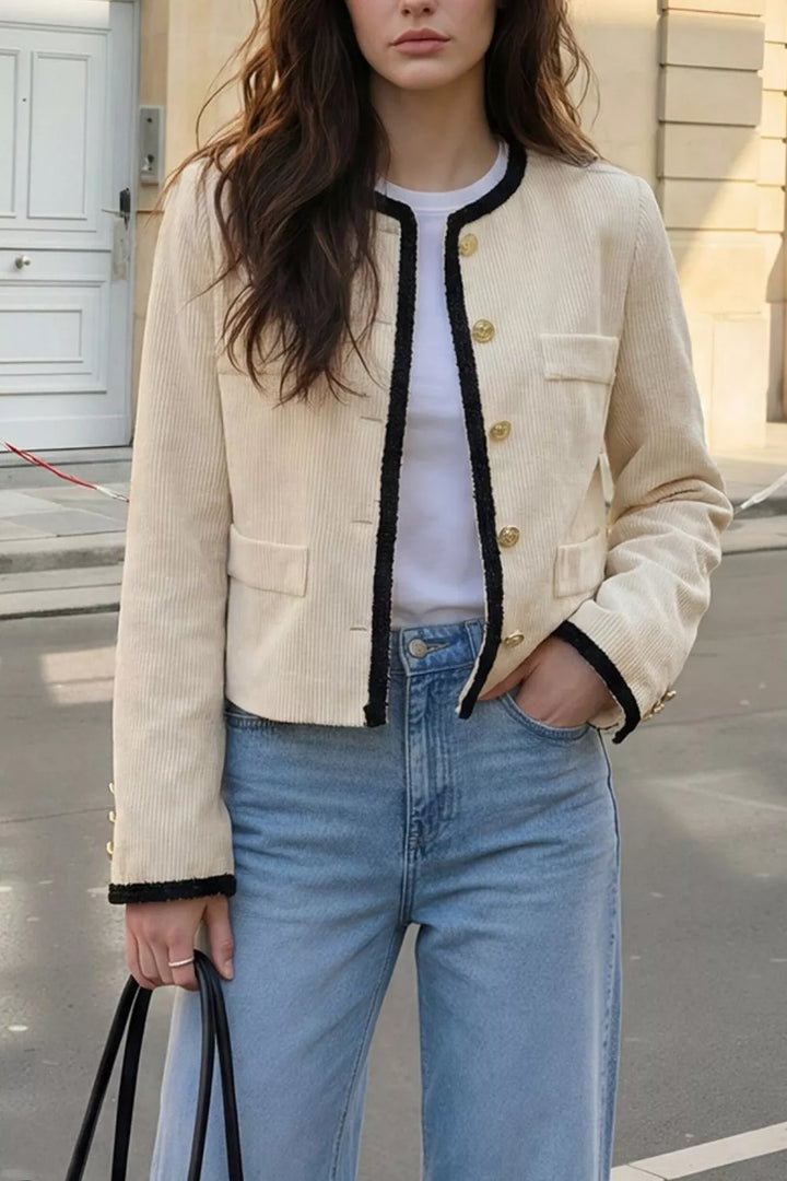 Beige Contrast trim corduroy cropped jacket with gold buttons
