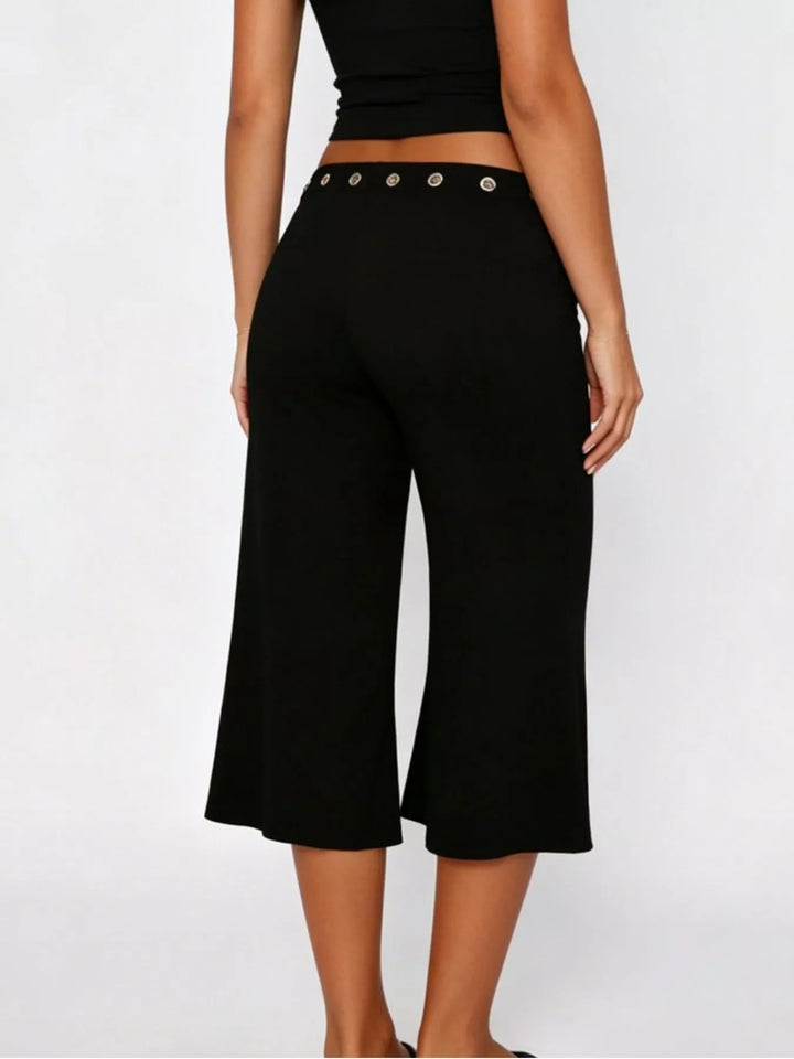 Mid-rise wide-leg capri pants with gold-button waistband